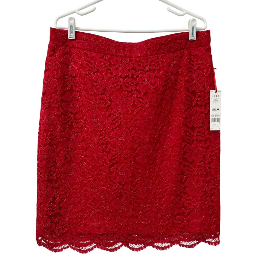 Elle NWT Womens Size 12 Basic Red Lady In Lace Pencil Straight Skirt Holidays